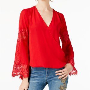 INC Red Lace Surplice Top Sz L